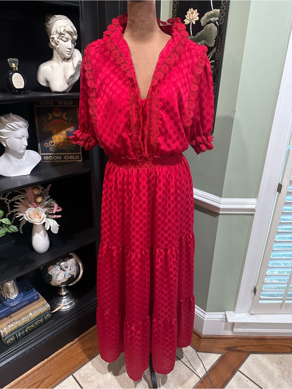 Max Studio Red Tiered Jacquard Maxi Dress – Size XL